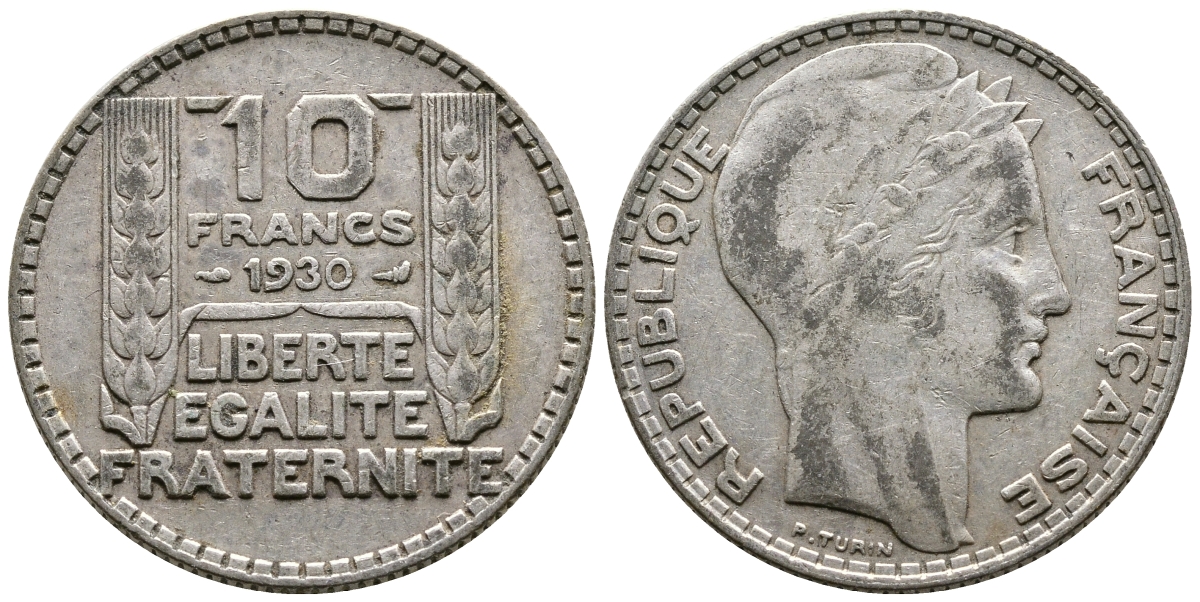 Франция 10 франков 1930 Пьер Тюрен KM 878, Le Franc 360.3 серебро 79-521