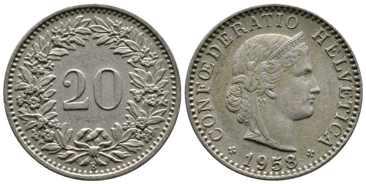 ШВЕЙЦАРИЯ 20 РАППЕНОВ 1958 KM 29 медно-никель 3334-424