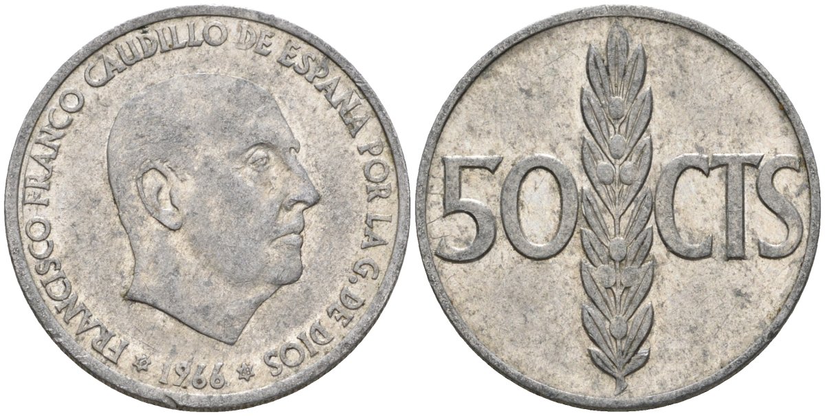 Испания 50 сентимо 1966 (68) Франсиско Франко (1939-1975) KM 795 алюминий 4388-417