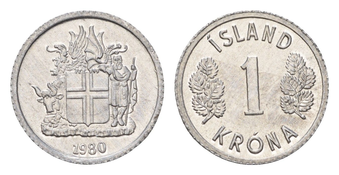 Исландия 1 крона 1980 KM 23 алюминий UNC 4687-821