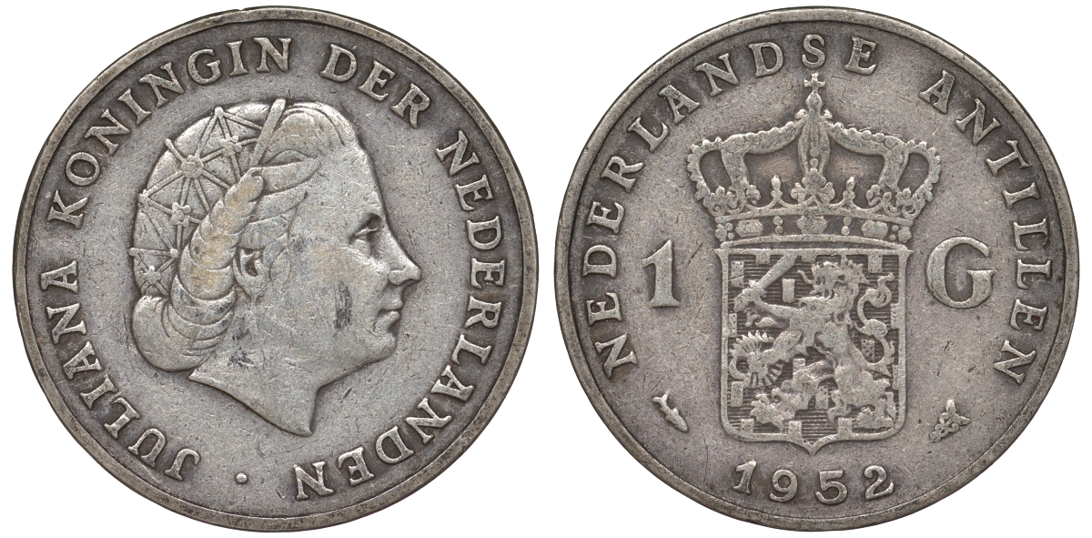 Нидерландские Антилы 1 гульден 1952 Юлиана (1948-1980) KM 2 серебро 36-937