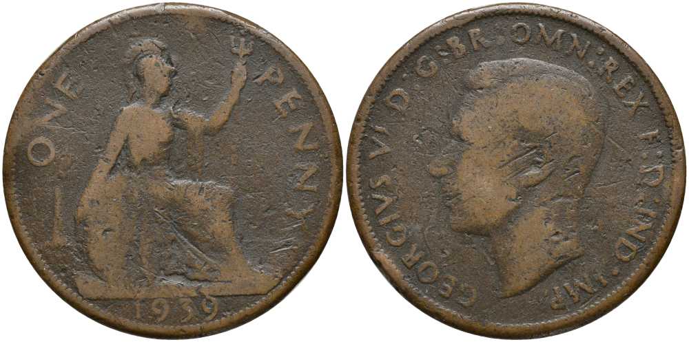 Великобритания 1 пенни 1939 Георг VI (1936-1952) КМ 845, Spink 4114 бронза 115-411