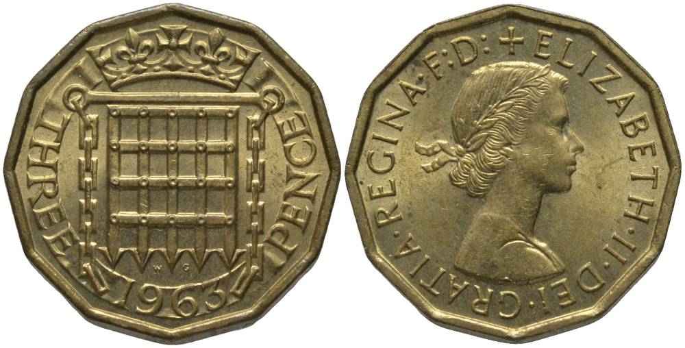Великобритания 3 пенса 1963 Елизавета II (1952-2022) KM 900, Spink 4153 никель латунь UNC 181-615