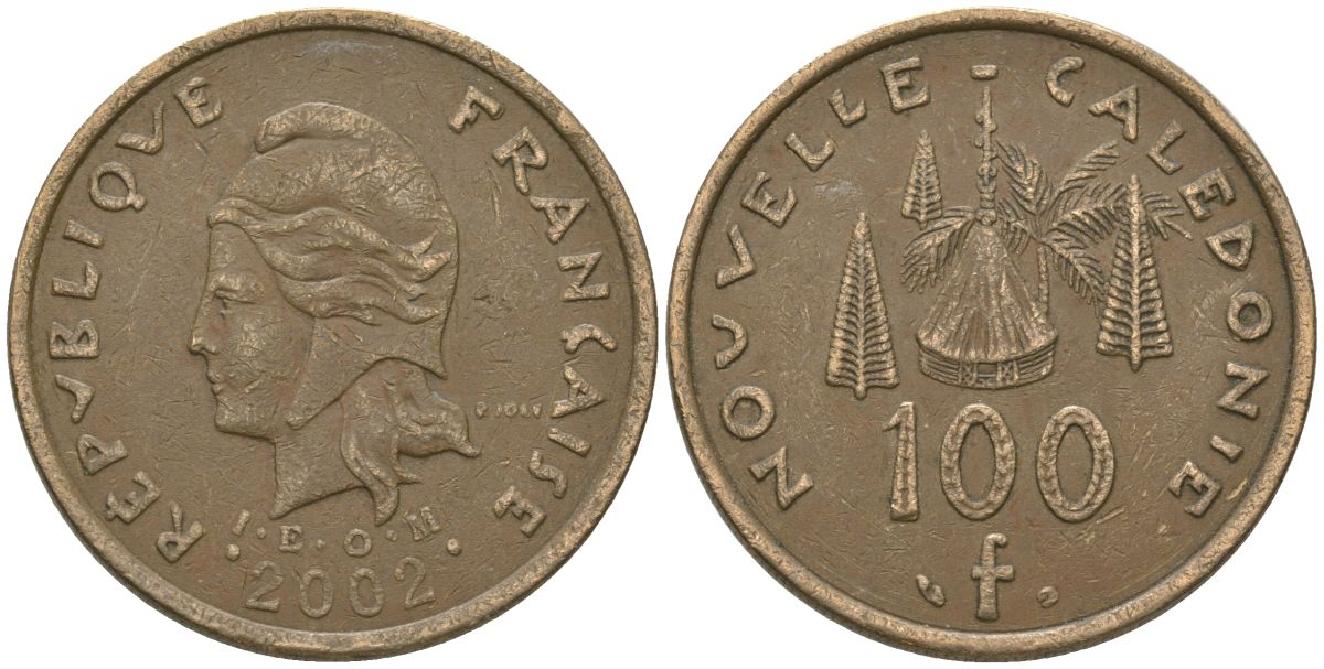 Французская Новая Каледония 100 франков 2002 хижина среди сосен и пальм, (IEOM) KM 15, Schoen 16, Lec 139f никель бронза 109-814