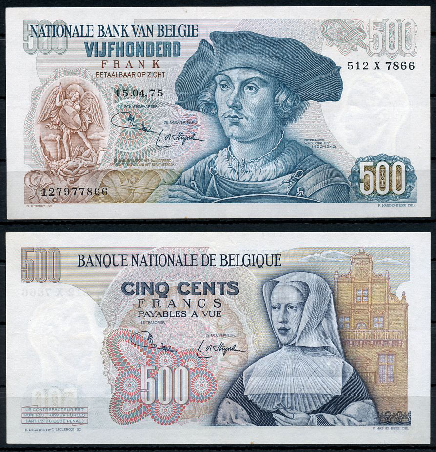 Бельгия 500 франков 1975 Бернарт Орлей, Маргарита Австрийская, 15 апреля 1975 Pick 135 b (3)  бумага  UNC (пресс) 00-00