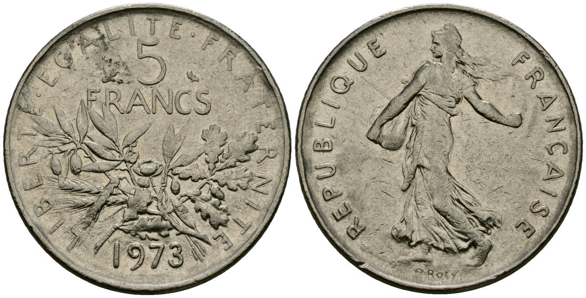 Франция 5 франков 1973 KM 926a медно-никель плакированный никелем 4120-441