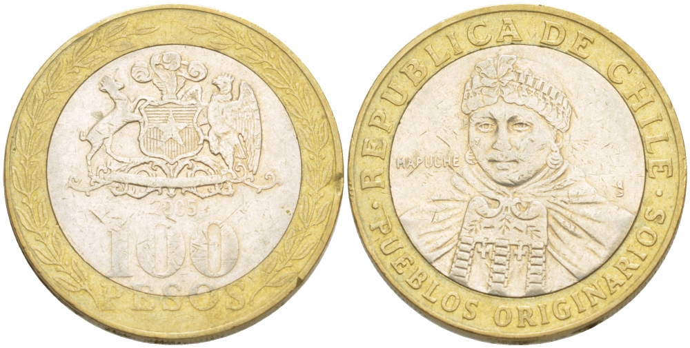 Чили 100 песо 2005 индейцы Мапуче KM 236 биметалл 4539-1154