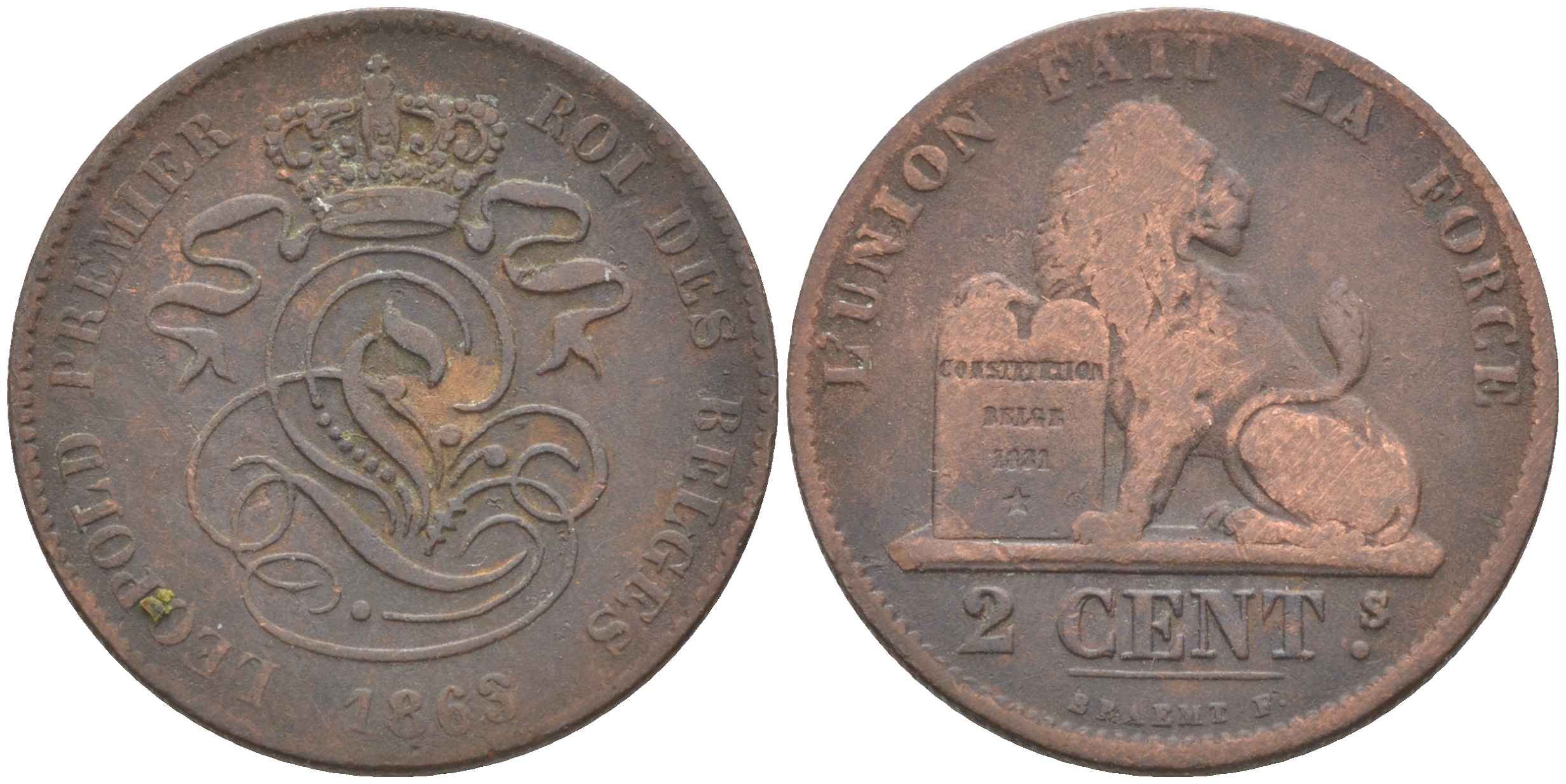 БЕЛЬГИЯ 2 САНТИМА 1863 BELGES KM 4.2 медь 106-417