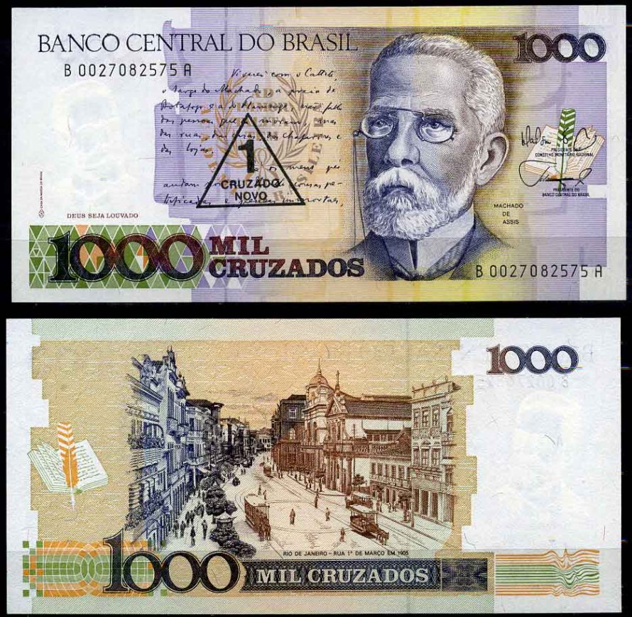 Бразилия 1 крузейро ново 1989 серия B 0027, надпечатка на 1000 крузадо, Мачадо де Ассис Pick 216 b бумага UNC (пресс) 2196-4-3-2