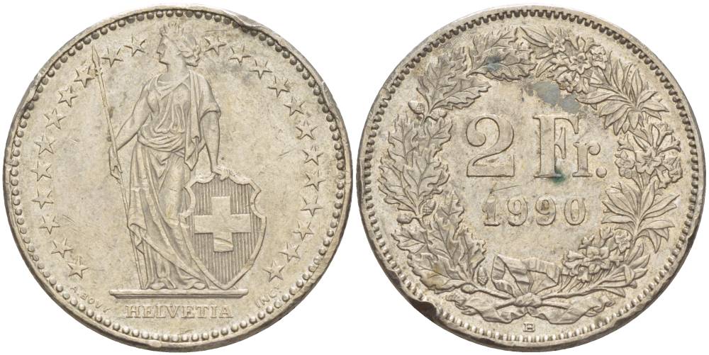 ШВЕЙЦАРИЯ 2 ФРАНКА 1990 В KM 21а.3 медно-никель 4551-856