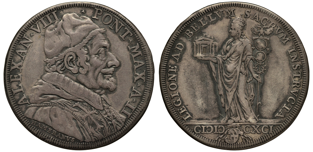 Ватикан 1 пиастр A I/1690 Александр VIII, фигура понтифика с храмом и папским посохом Dav. 4100, Muntoni 11 серебро 10-005-45