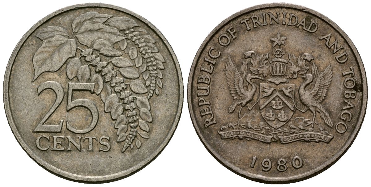 Тринидад и Тобаго 25 центов 1980 цветок дикая пуансеттия KM 32 медно-никель 4176-156