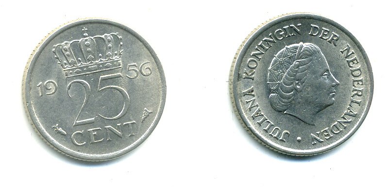 НИДЕРЛАНДЫ 25 ЦЕНТОВ 1956 ЮЛИАНА KM 183 никель 76-364