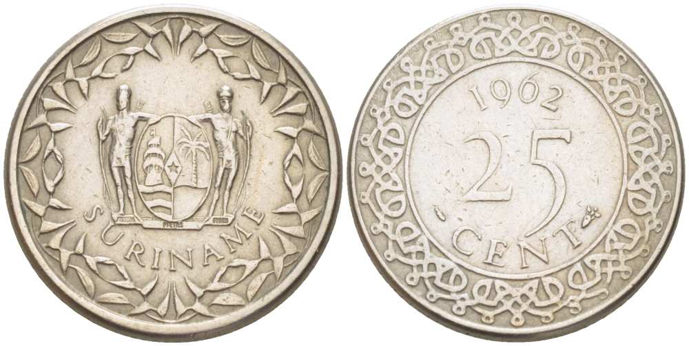 Суринам 25 центов 1962 KM 14 медно-никель 100-468