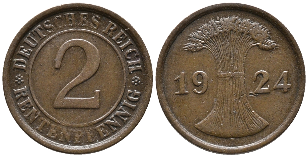 ГЕРМАНИЯ 2 РЕНТЕНПФЕННИГА 1924 A KM 31, J. 307 бронза 24-525