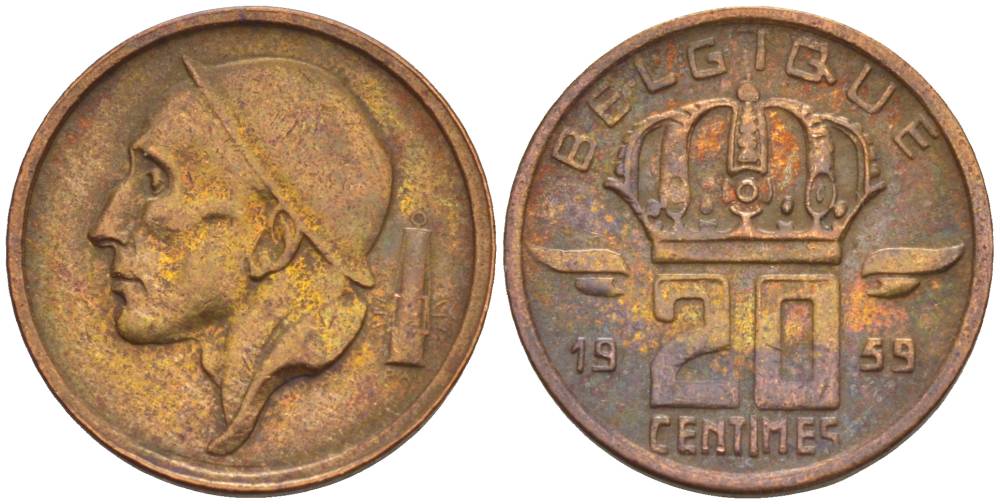 БЕЛЬГИЯ 20 САНТИМОВ 1959 BELGIQUE KM 146 бронза 4528-919