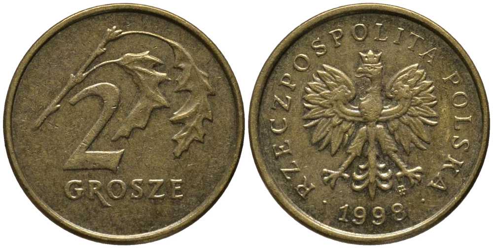 Польша 2 гроша 1998 MW KM 277, Parchimowicz 702e латунь 201-368