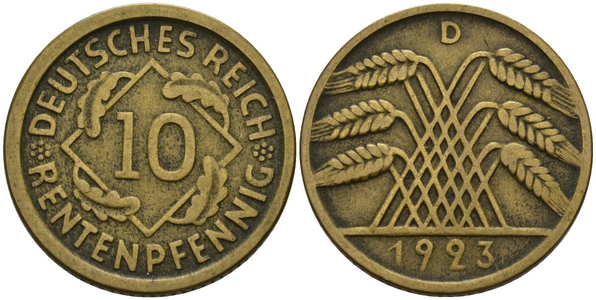 Германия 10 рентенпфеннигов 1923 D KM 33, J. 309 алюминиевая бронза 3336-211