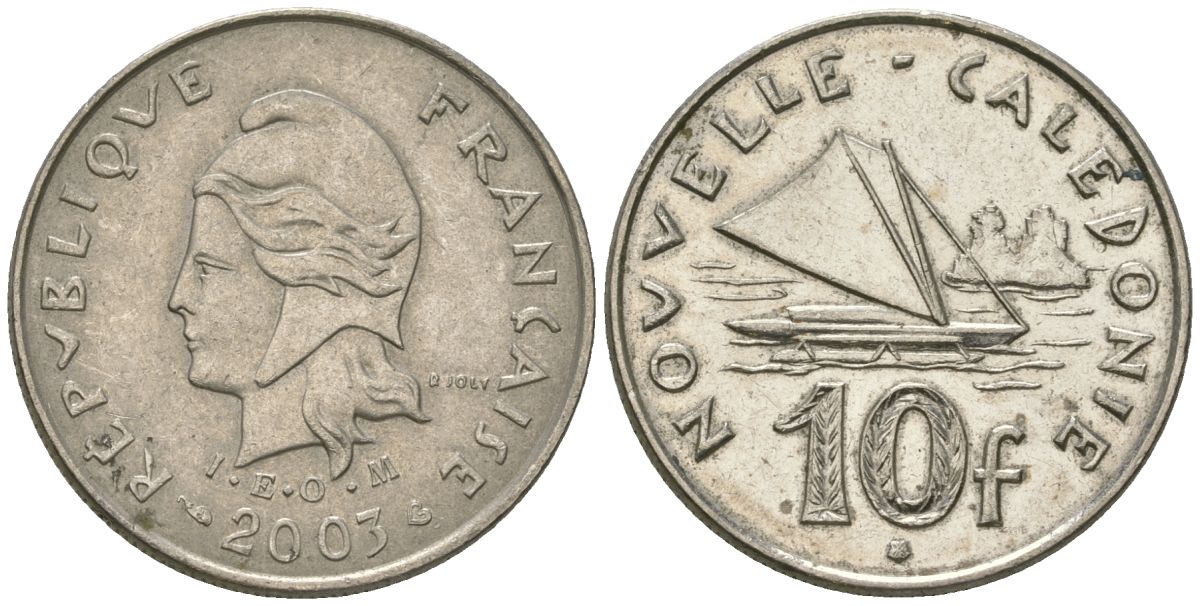 Французская Новая Каледония 10 франков 2003 рыбачья парусная лодка, (IEOM) KM 11, Schoen 13, Lec 99h никель 54-2321
