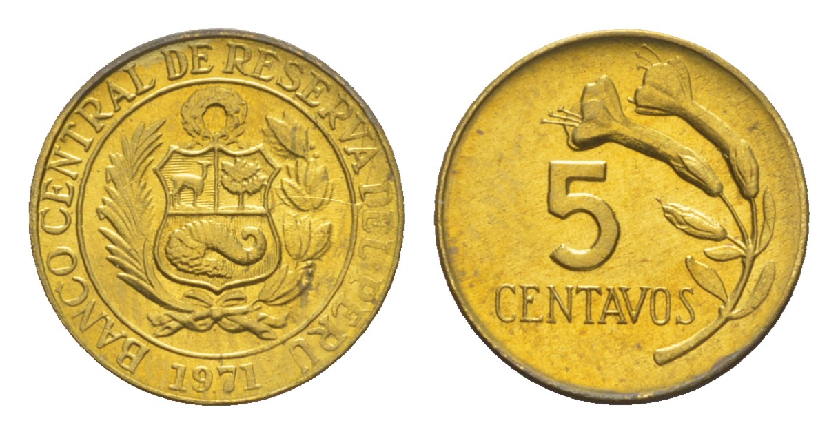 Перу 5 сентаво 1971  KM 244.2 латунь  aUNC  M70-01