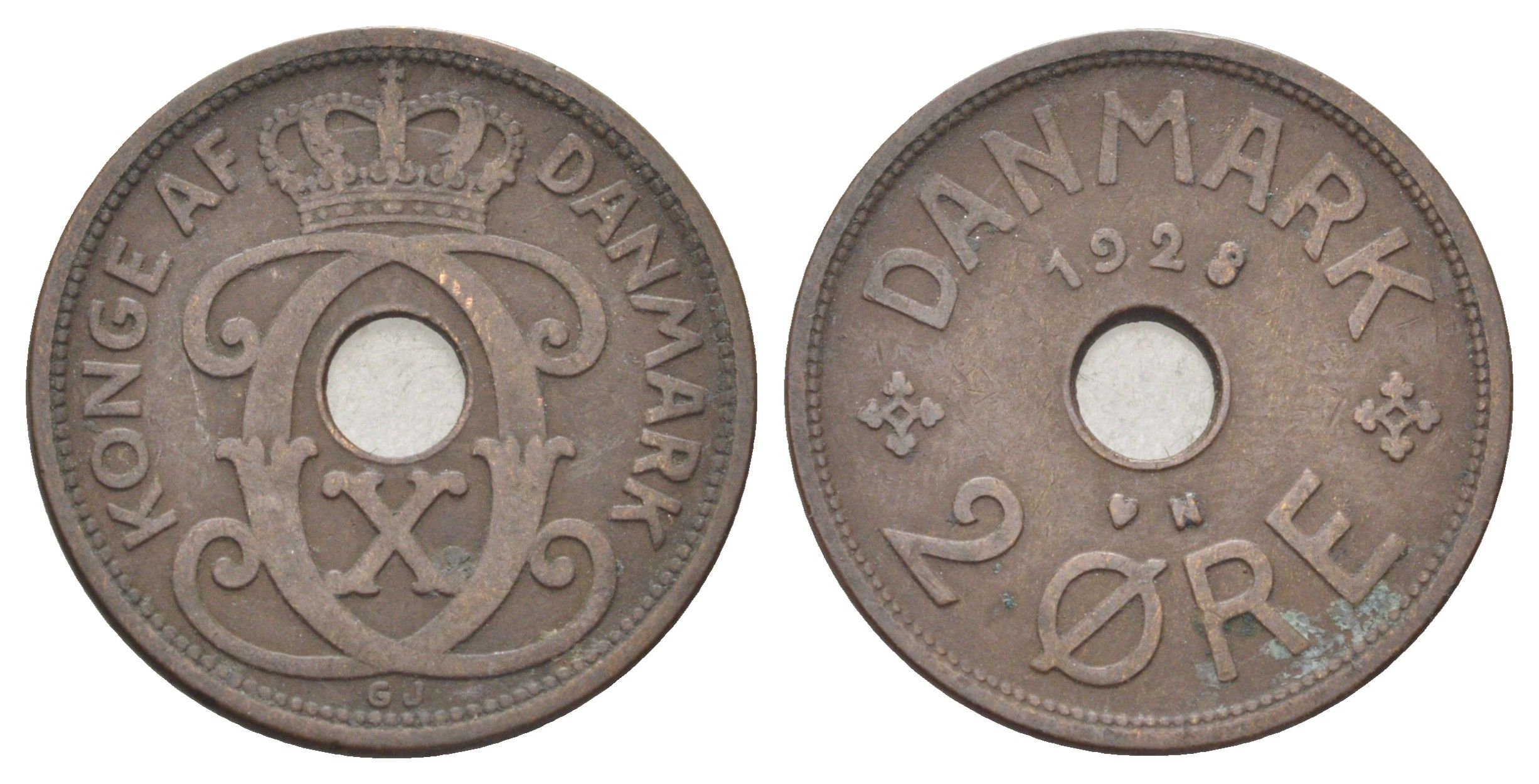 Дания 2 эре 1928 N, Кристиан X (1912-1947) KM 827 бронза 4701-656