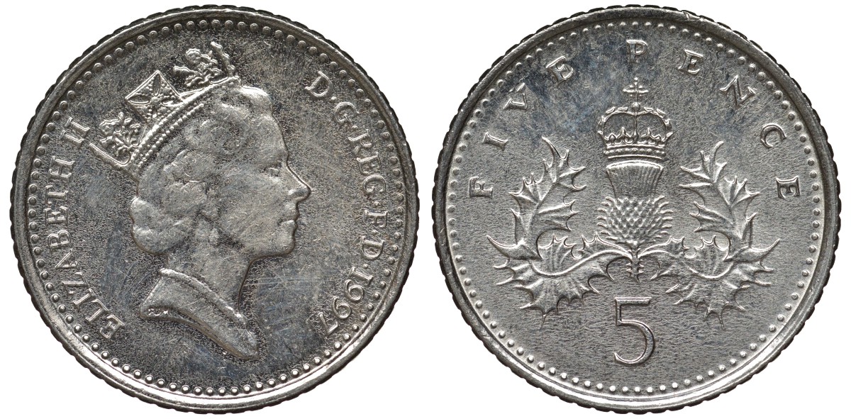 Великобритания 5 пенсов 1997 Елизавета II (1952-2022) KM 937b, Spink 4372 (D4) медно-никель 4124-655