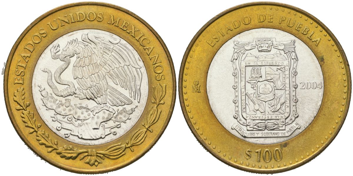 Мексика 100 песо 2004 180 лет Федерации - Пуэбла KM 738 биметалл, серебро BU 00-1067-9-23