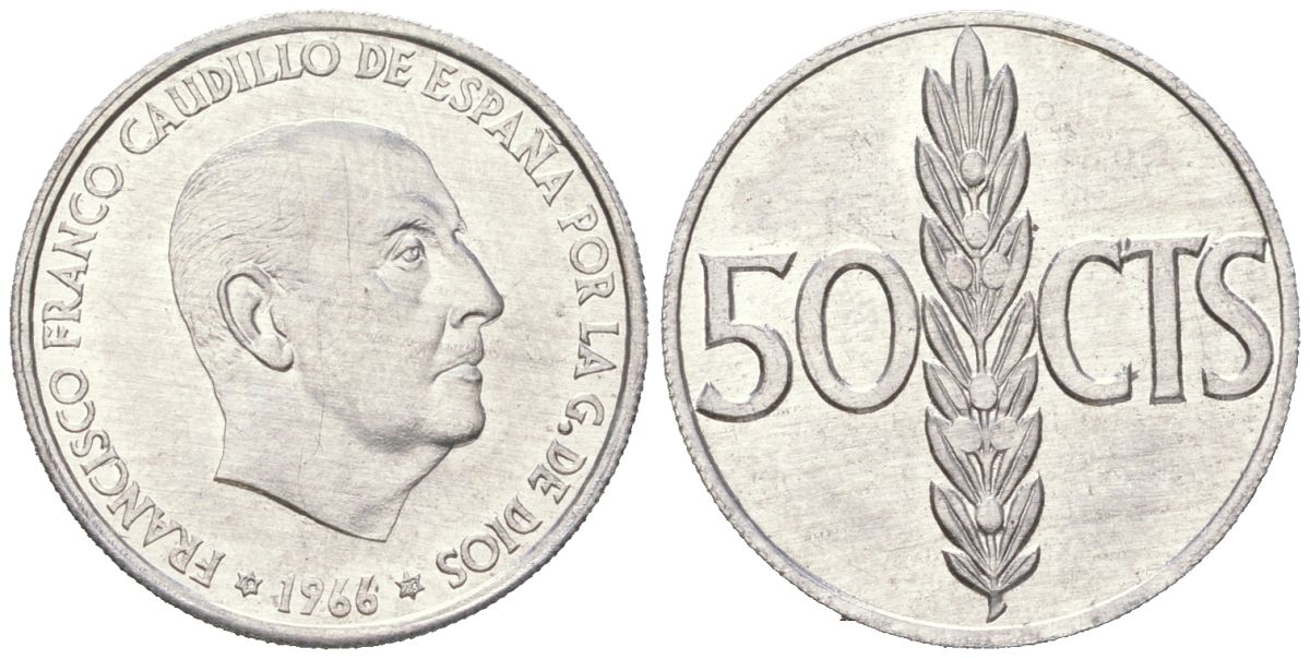 Испания 50 сентимо 1966 (74) Франсиско Франко (1939-1975) KM 795 алюминий UNC 261-657