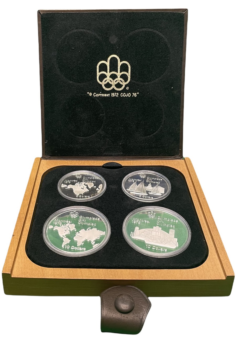Канада набор из 4 монет 1973 олимпийские игры в Монреале 1976, в оригинальной коробке, сертификат, серия I KM OCP1 (84, 85, 86.1, 87) серебро PROOF 4-5-3-20
