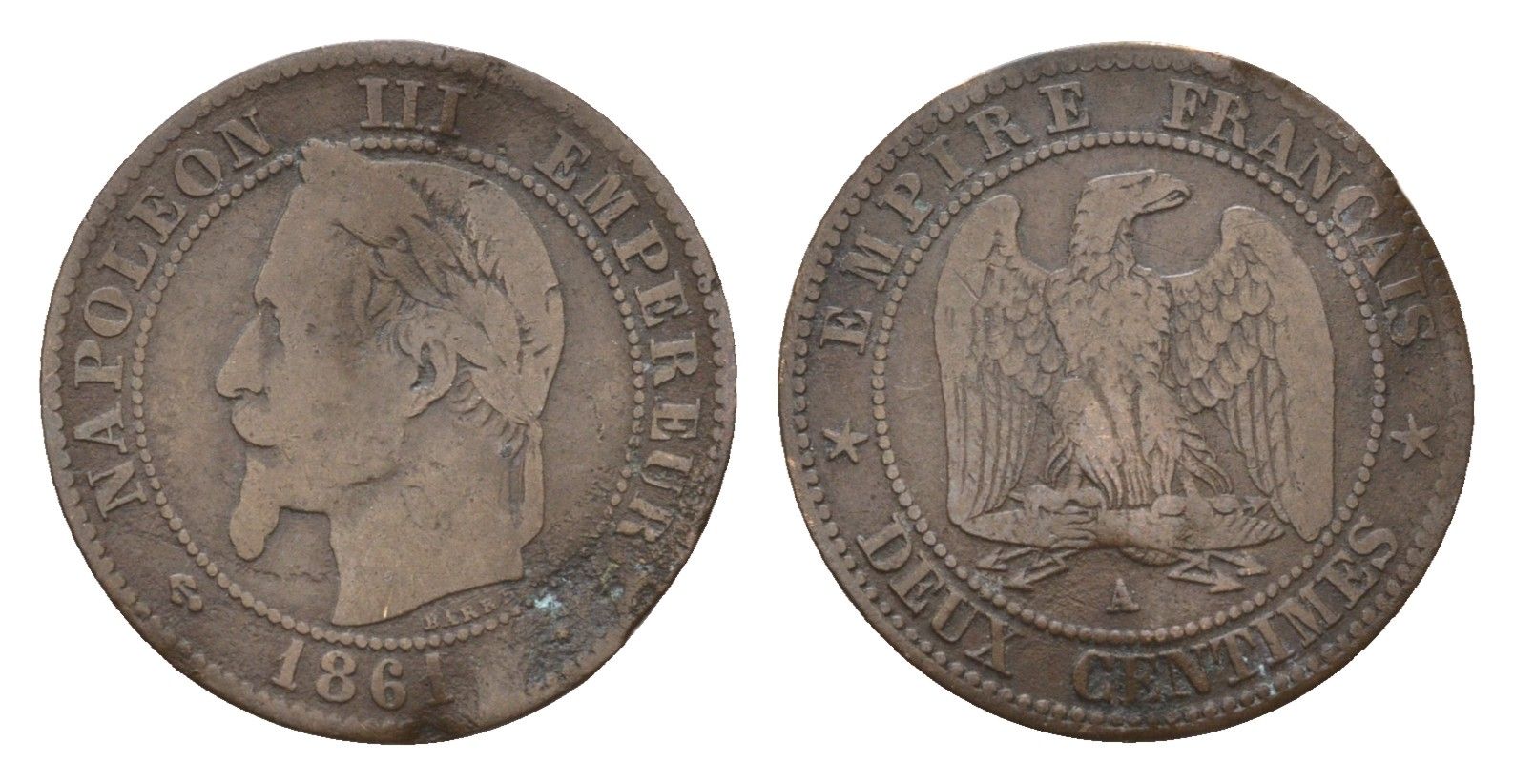 Франция 2 сантима 1861 A, Наполеон III (1852-1870) KM 796.4 бронза 4151-1159