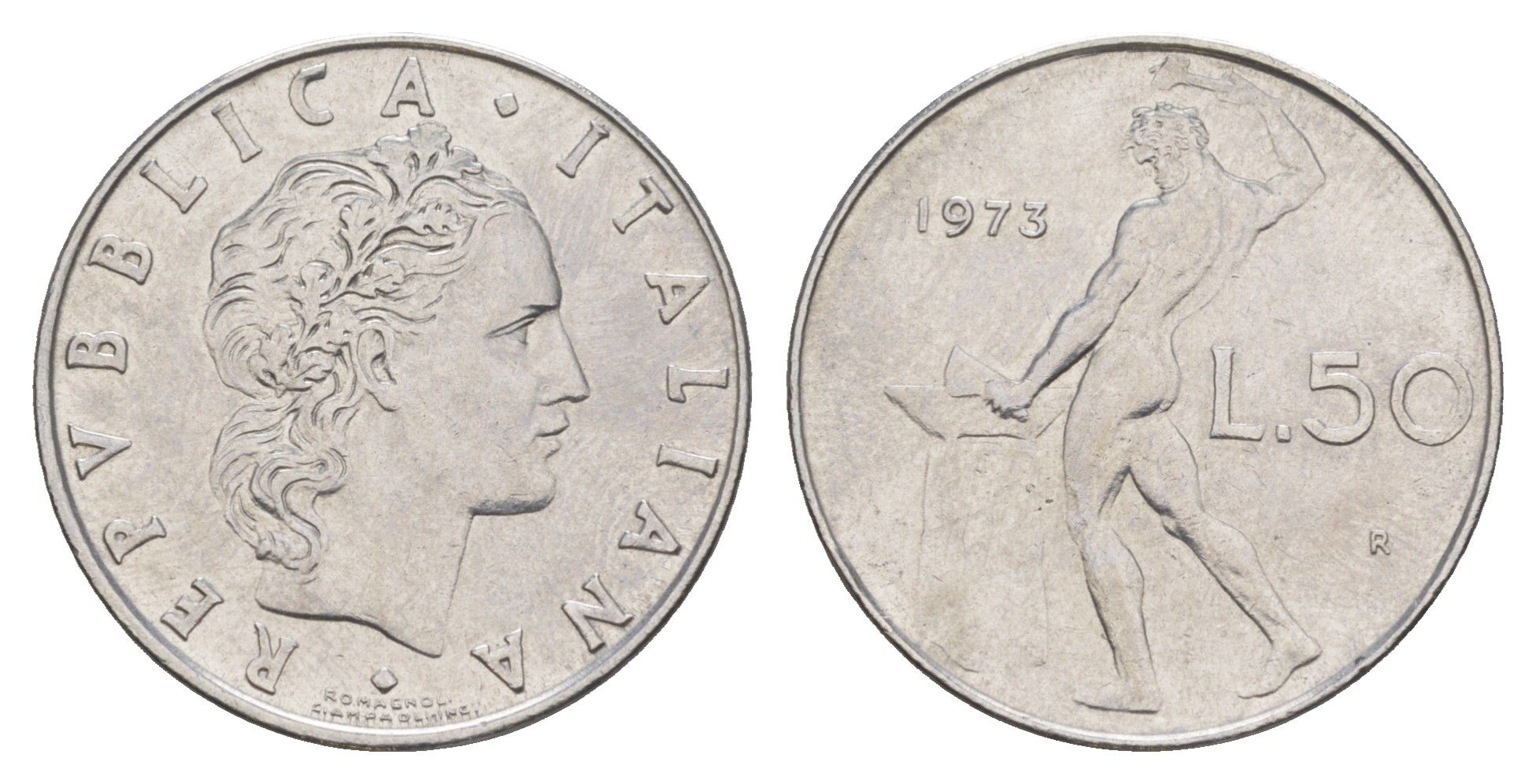 Италия 50 лир 1973 R, бог огня Вулкан у наковальни KM 95.1 нержавеющая сталь 4551-1023