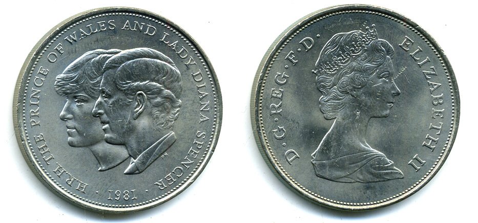 Великобритания 25 пенсов 1981 Королевская свадьба принца Чарльза и леди Дианы, Елизавета II (1952-2022) KM 925, Spink 4229 медно-никель UNC 35-235