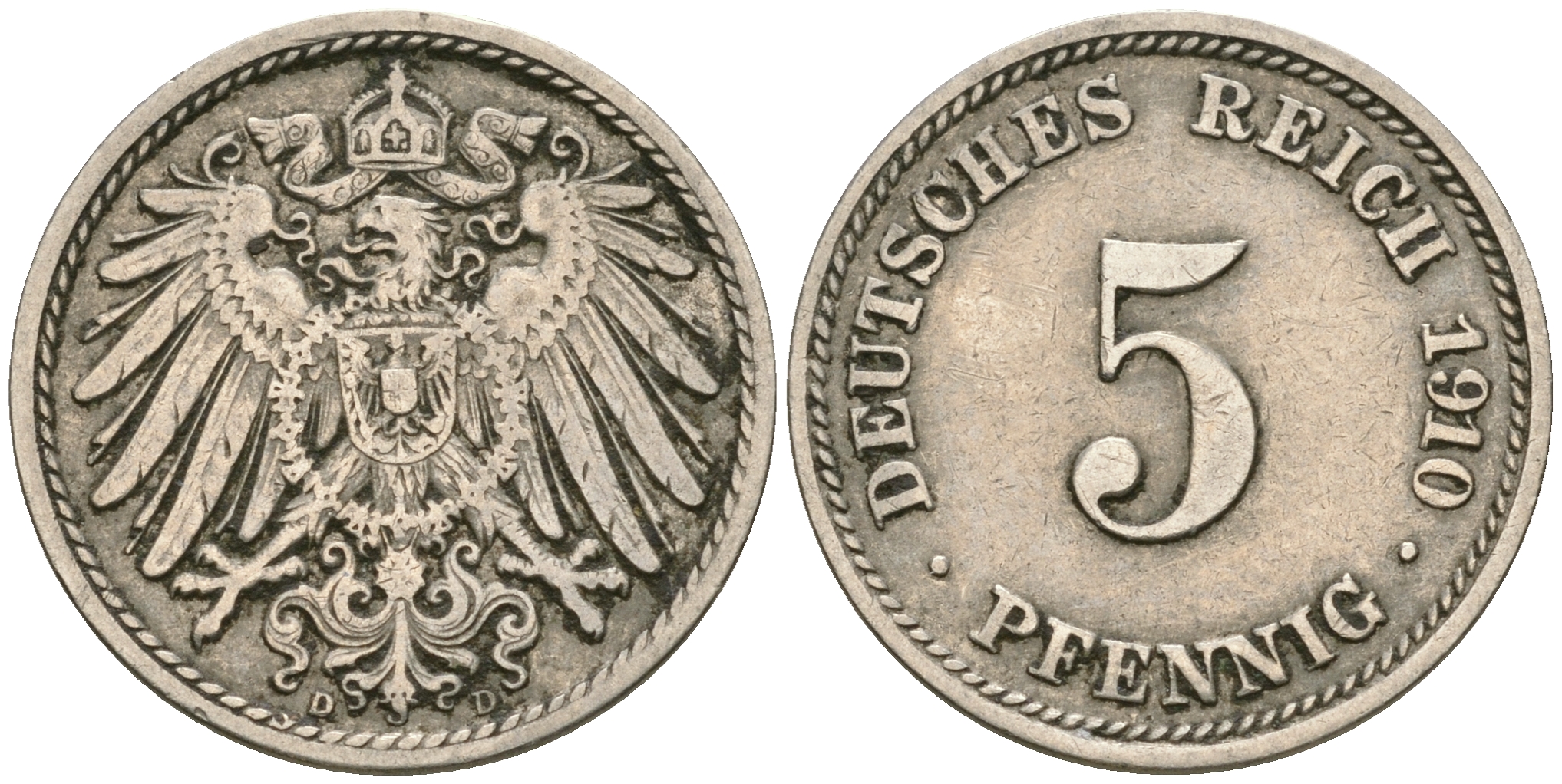 Германия 5 пфеннигов 1910 D, KM 11, J. 12 медно-никель 4608-935
