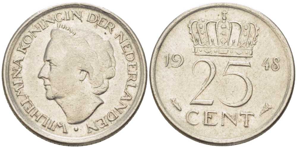 НИДЕРЛАНДЫ 25 ЦЕНТОВ 1948 ВИЛЬГЕЛЬМИНА (1890-1948) KM 177 никель 211-632