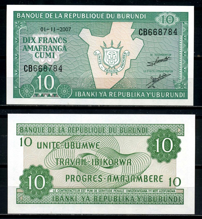 Бурунди 10 франков 2007 1 ноября 2007 Pick 33е бумага UNC (пресс) 6317-18-1-2