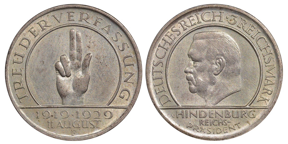 Германия 3 марки 1929 F, 10 лет Веймарской Конституции, цена по каталогу МТ 100 евро J. 340, KM 63 серебро 413-4041