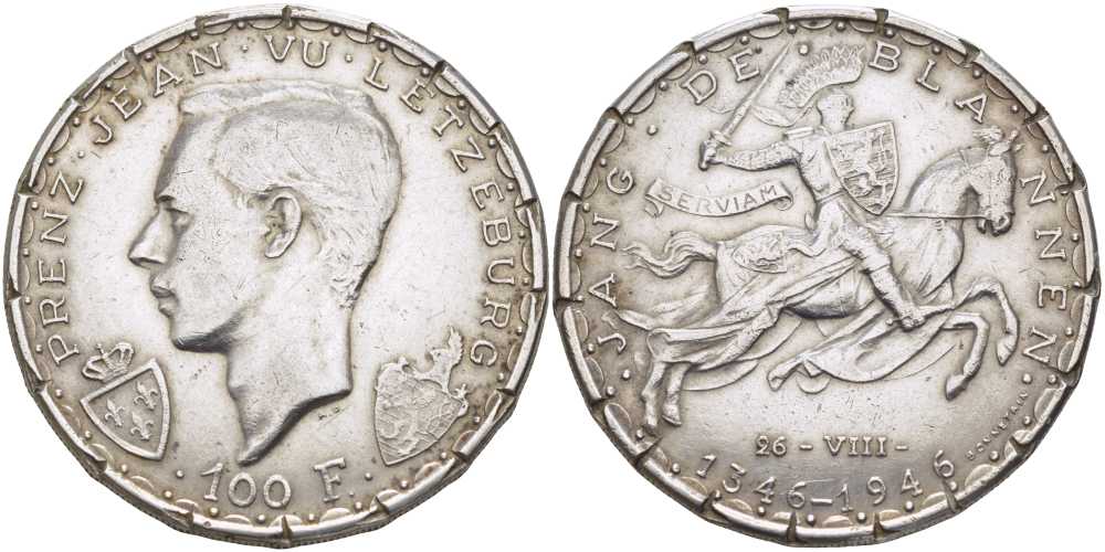 ЛЮКСЕМБУРГ 100 ФРАНКОВ 1946 ШАРЛОТТА, 600 ЛЕТ СМЕРТИ ИОАННА СЛЕПОГО ЛЮКСЕМБУРГСКОГО KM 49 серебро 1524-1033