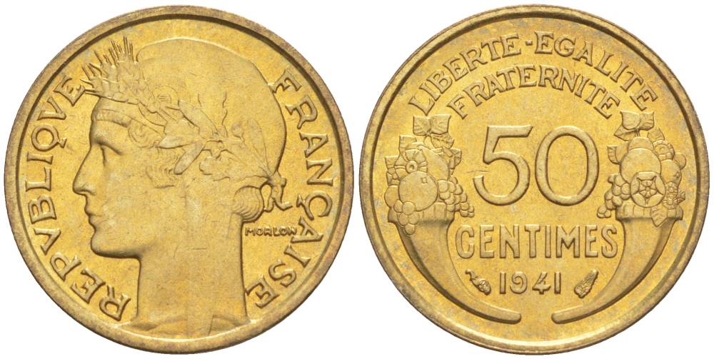 ФРАНЦИЯ 50 САНТИМОВ 1941 ТИП MORLON KM 894.1, LE FRANC 192.18 алюминиевая бронза 44-468