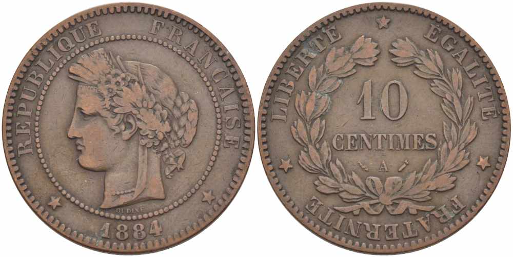 ФРАНЦИЯ 10 САНТИМОВ 1884 A, ТРЕТЬЯ РЕСПУБЛИКА (1871-1940) KM 815.1, LA FRANC 135.28 бронза 97-916