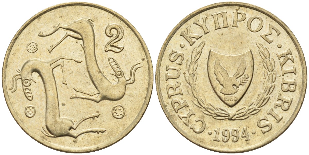 Кипр 2 цента 1994 KM 54.3 никель латунь 4174-1266