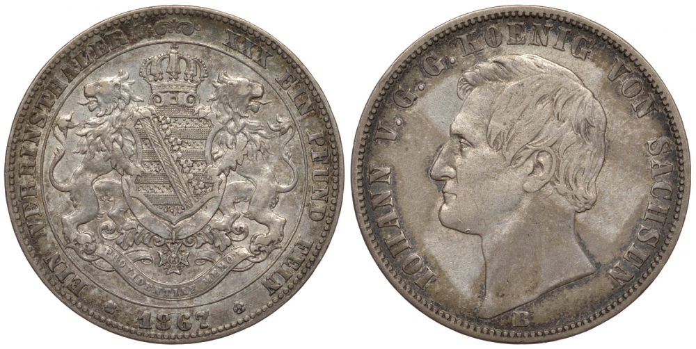 САКСОНИЯ 1 ТАЛЕР 1867 B, ИОГАНН (1854-18736) KM 1214, Jaeger 126 F, AKS 137 V, Kahnt 470c серебро 413-4542