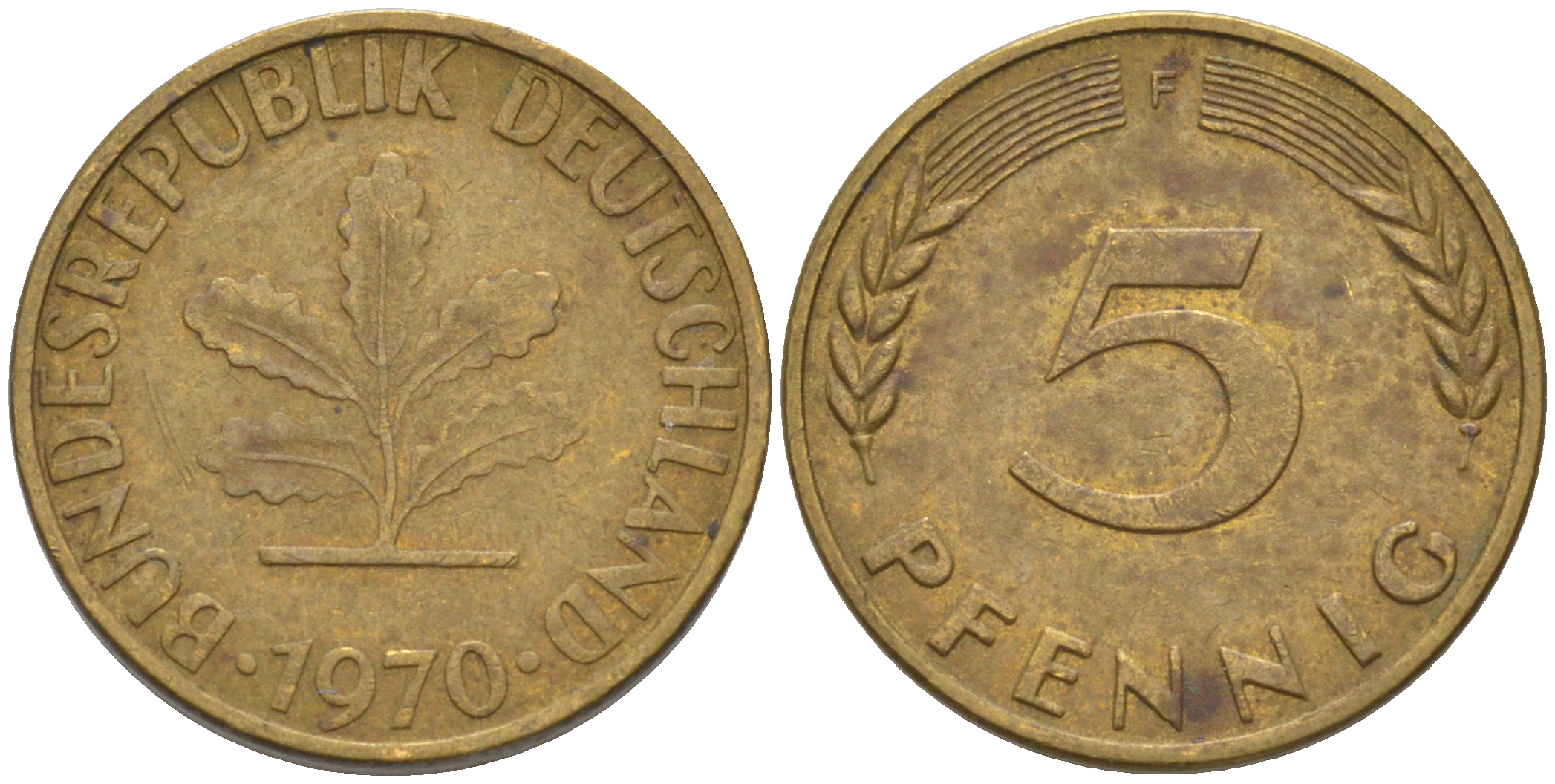 ФРГ 5 пфеннигов 1970 F KM 107, J. 382 сталь плакированная латунью 4514-552