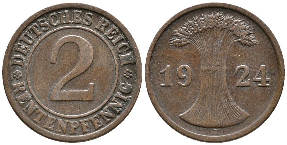 ГЕРМАНИЯ 2 РЕНТЕНПФЕННИГА 1924 J KM 31, J. 307 бронза 24-633