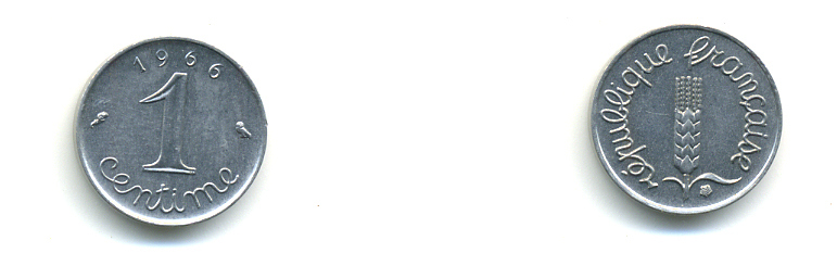 ФРАНЦИЯ 1 САНТИМ 1966 KM 928 сталь хромированная 83-313