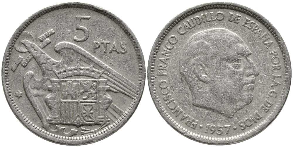 ИСПАНИЯ 5 ПЕСЕТ 1957 (58) ФРАНСИСКО ФРАНКО ДИКТАТОР ИСПАНИИ (1939-1975) KM 786 медно-никель 110-951