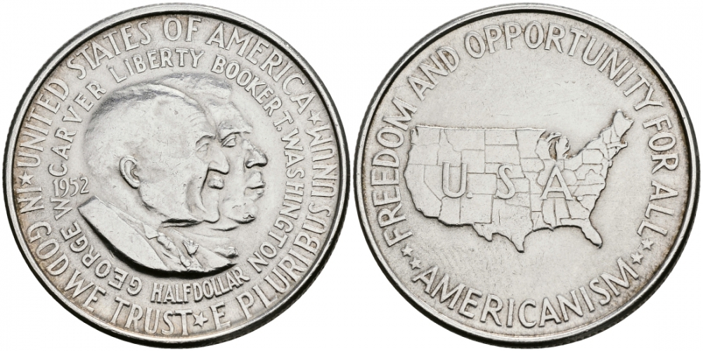 США 1/2 доллара (50 центов) 1952 Джордж Карвер и Букер Т. Вашингтон KM 200 серебро 3896-424