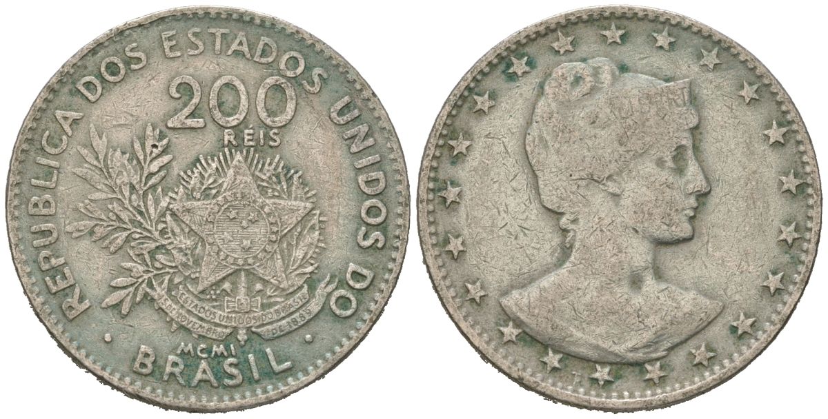 Бразилия 200 рейс 1901 голова свободы вправо KM 504 медно-никель 92-951