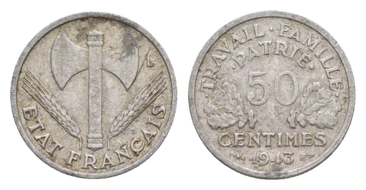 Франция 50 сантимов 1943 Тип Francisque, Lourde, правительство Виши KM 914.1, Le Franc 196.1 алюминий 4630-414