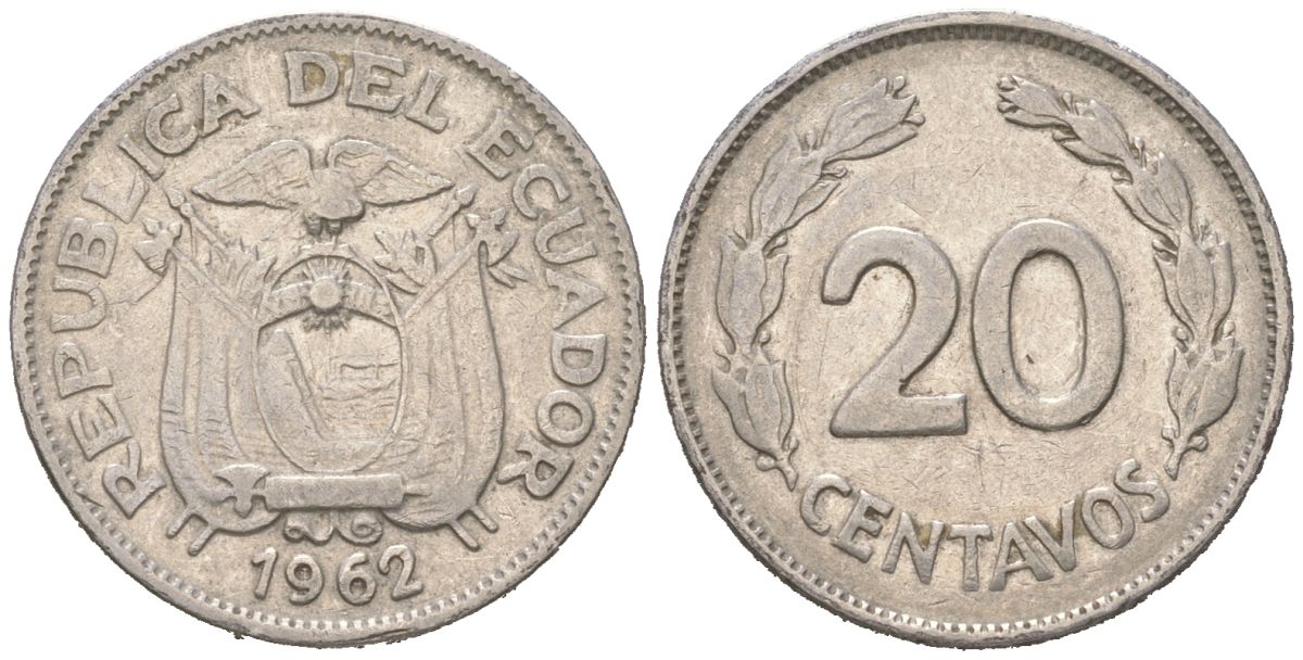 Эквадор 20 сентаво 1962 KM 77.1c сталь плакированная никелем 4611-454