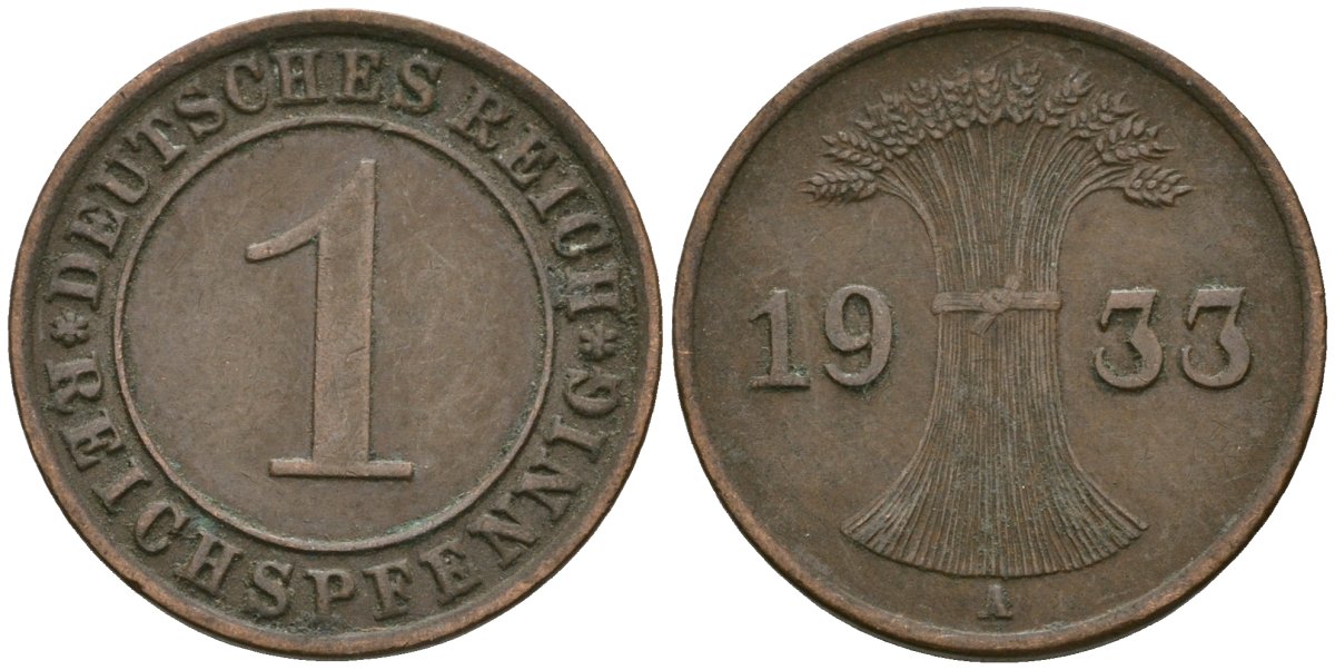 Германия 1 рейхспфенниг 1933 A KM 37, J. 313 бронза 4189-1168